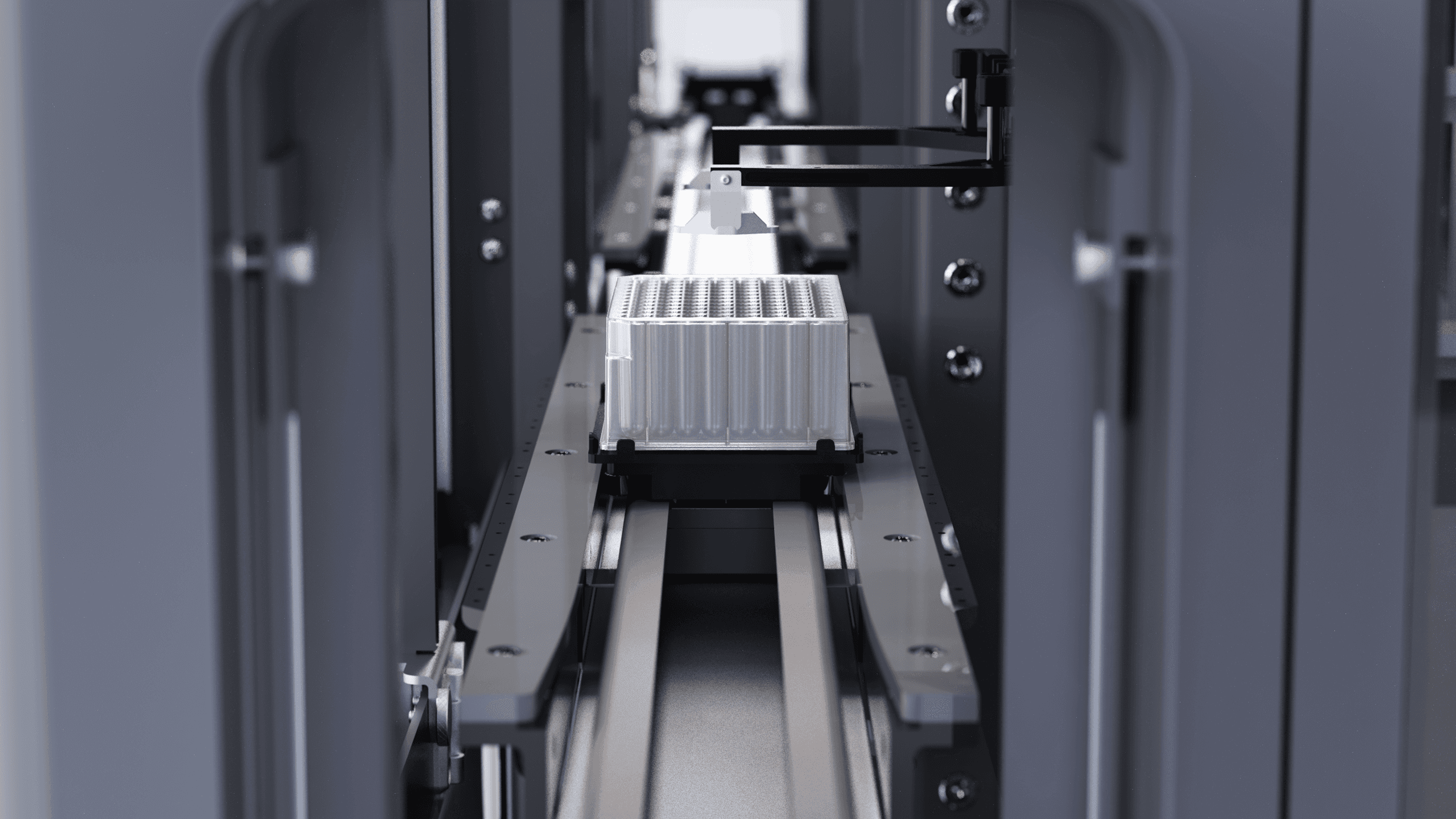 Image from inside of a RAC system sample tranport conveyor belt.