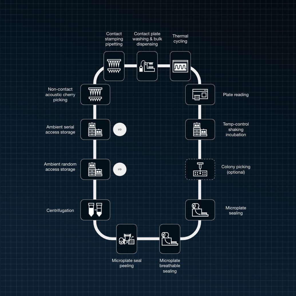 Schematic of our DNA Assembly and Microbial Strain Engineering RAC System blueprint showing unit workflow operation
